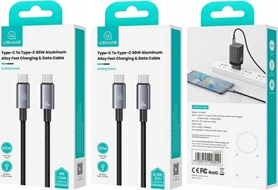 Kabllo USB Usams US-SJ661, USB C në USB C, 1.2m, 60W, USB 3.2 Gen 1, çelik
