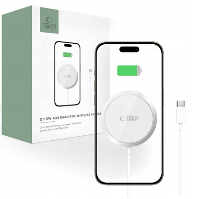 Karikues wireless magnetik Tech-Protect QI15W-A34, 15W, MagSafe, i bardhë