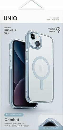 Mbrojtëse telefoni UNIQ Combat MagClick, për iPhone 15 Plus 14 Plus, me MagSafe, blu e çelët transparente