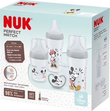 Set biberonësh NUK Perfect Match Starter Set Mickey Mouse, anti kolik, tregues temperature, shumëngjyrësh