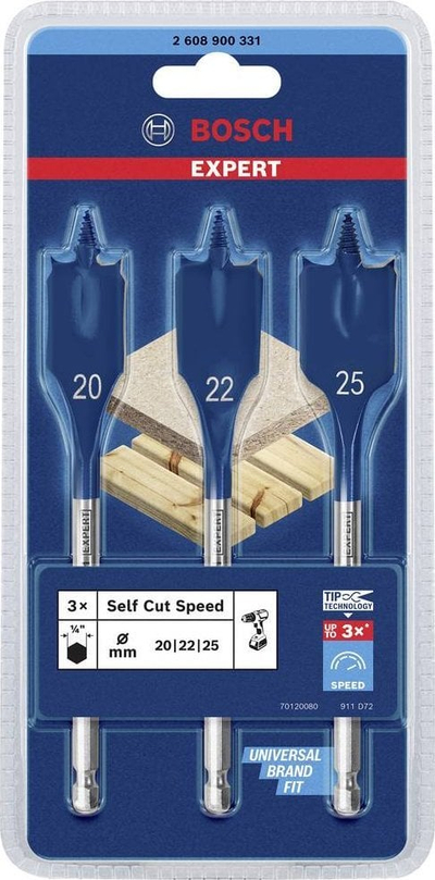 Set frezash të sheshta Bosch Expert Self Cut Speed, 3 copa, Ø20 22 25mm