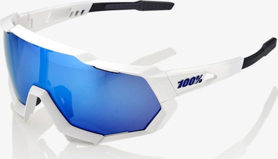 Syze sportive 100% Speedtrap, lente HiPER Blue Mirror, lente rezervë transparente, të bardha mat