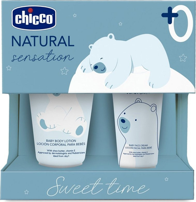 Set kujdesi për bebe Chicco Natural Sensation Sweet Time, krem fytyre 50 ml, locion trupi 150 ml, blu