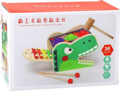 Lodër druri dinosaur me cimbal 2 në 1, e kuqe