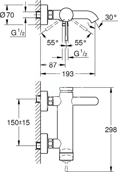 Bateri banjoje Grohe Essence 33624GN1, mikser me një levë, për montim në mur, ari mat