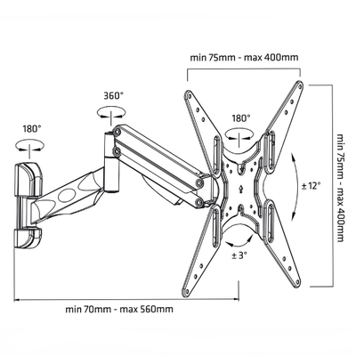 Mbajtëse TV Maclean MC-784, 32-55", 22kg, VESA, Gas Spring, e zezë