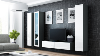 Komodë TV varëse Cama Meble VIGO 140, 140x30x40 cm, gri e bardhë me shkëlqim