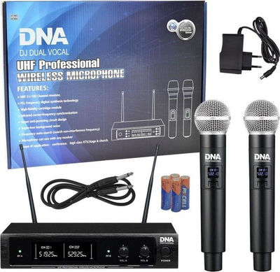 Set mikrofonësh wireless DNA DJ DUAL VOCAL, 2 mikrofona dore, UHF, i zi