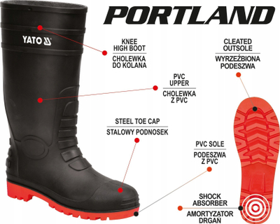 Çizme pune Yato Wellingtons Portland S5, me hundë çeliku, nr 39, të zeza me shollë të kuqe
