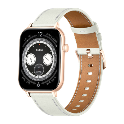 Smartwatch Colmi C28, ekran AMOLED, rrip lëkure, gold e bardhë