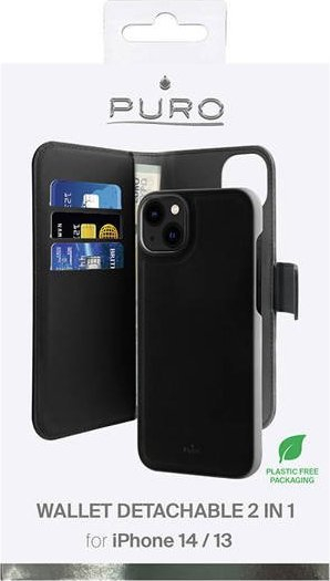 Këllëf portofol Puro Wallet Detachable 2 në 1 për iPhone 13/14, magnetik, me xhepa kartash, i zi