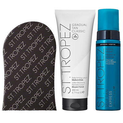 Set vetë nxirës St. Tropez kSTZ028 Shkumë vetë nxirëse 200 ml + Losion hidratues 200 ml + Dorezë aplikimi
