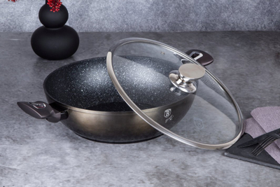 Tigan Wok Shiny Black Edition, 30 cm, sipërfaqe mermeri, me kapak, i zi me shkëlqim