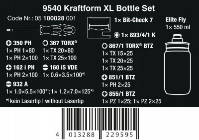 Set kaçavidash Wera 9540 Kraftform XL Bottle Set, 17 pjesë, me shishe uji