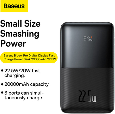 Power bankBaseus Bipow Pro, 20 000 mAh, 22,5W,црна