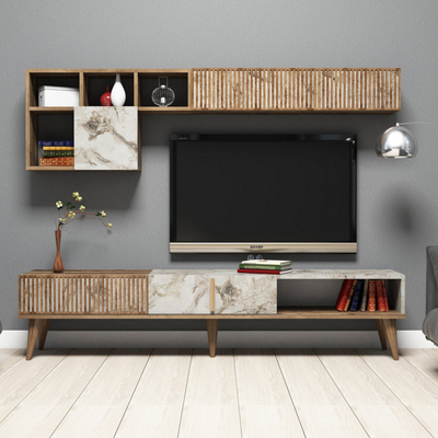 Komodinë TV Kalune Design Lilith, set me element muror, dru dekor mermeri, ngjyrë natyrale