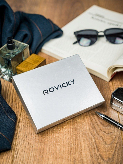 Portofol meshkujsh Rovicky, lëkurë natyrale, RFID Protect, i zi