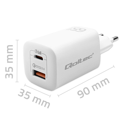 Karikues muri Qoltec GaN Ultra 65W, USB C PD, USB QC 3.0, i bardhë