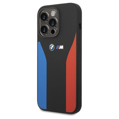 Këllëf telefoni BMW M Silicone për iPhone 15 Pro Max, me shirita blu edhe të kuq, i zi