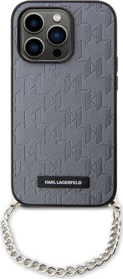 Kapak telefoni Karl Lagerfeld Saffiano Monogram Chain për iPhone 14 Pro Max, lëkurë ekologjike, me zinxhir, argjend