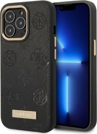 Mbulesë telefoni Guess Peony Logo Plate GUHMP13LSAPSTK, për iPhone 13 Pro 13 6.1", MagSafe, e zezë