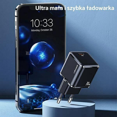Karikues muri USAMS T45, 30W PD3.0 QC3.0, me kabëll USB-C në Lightning, i zi