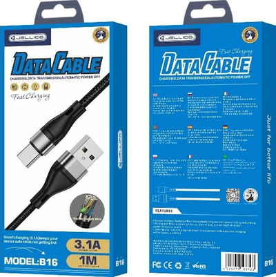 Kabllo USB në USB-C JELLICO B16, 1m, 3.1A, e zezë