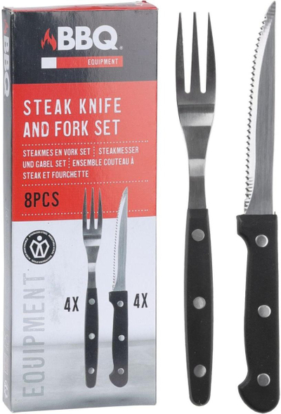 Set takëmesh për steak e pica, 4 thika, 4 pirunë, çelik inox