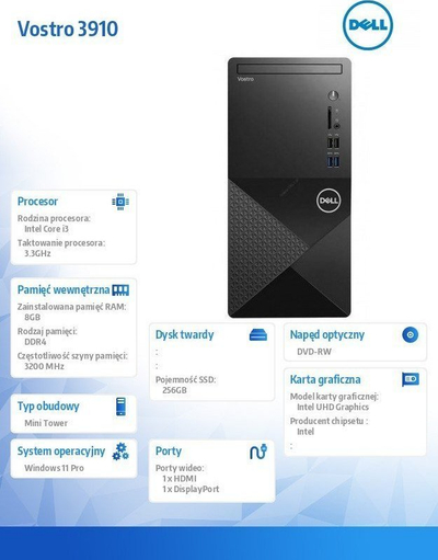 Kompjuter Dell Vostro 3910 desktop, Intel Core i3, 8GB RAM, SSD 256GB, i zi