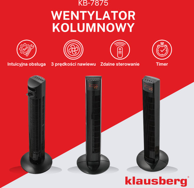 Ventilator kolonë Klausberg KB-7875, 91 cm, 45W, me telekomandë, i zi