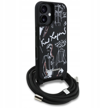 Kapak telefoni Karl Lagerfeld Crossbody MagSafe për iPhone 16, lëkurë Saffiano, me rrip, i zi