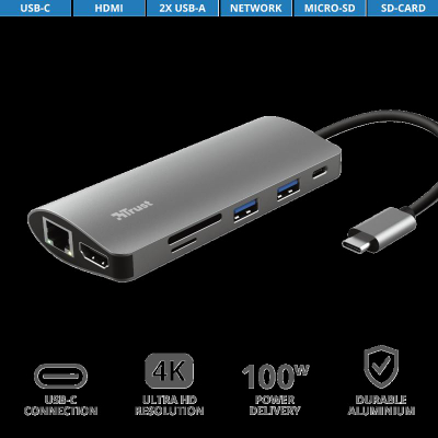 Docking station USB C Trust Dalyx 7 in 1, 4K, 100W, gri