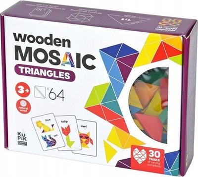 Mozaik druri KuKibik Wooden Mosaic Triangles, 64 copa, 30 karta detyrash, shumëngjyrësh