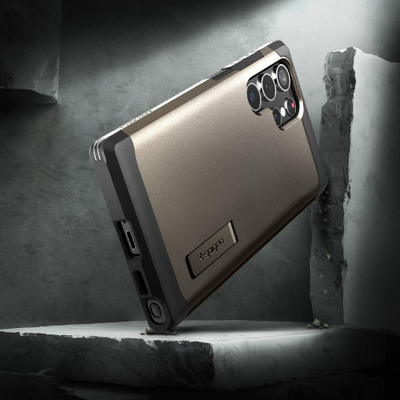 Mbrojtëse telefoni Spigen Tough Armor për Samsung Galaxy S22 Ultra, me këmbëz mbështetëse, që s’ka frikë nga goditjet, gri