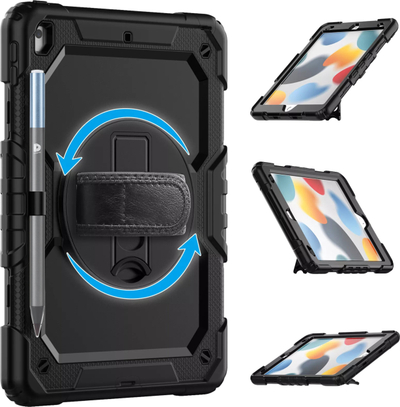 Këllëf tableti DEQSTER 360 Rugged për iPad 10.2", tip ushtarak, me mbajtës për stilolaps, i zi