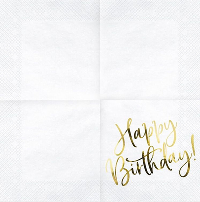 Serveta letre për ditëlindje Happy Birthday, set 20 copë, të bardha me të artë