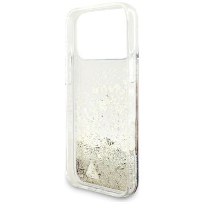Mbrojtëse telefoni Guess Liquid Glitter Charms GUHCP17XGLHFLGO, për iPhone 17 Pro Max, e tejdukshme, ngjyrë gold