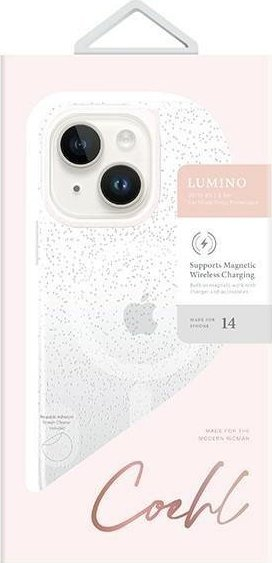 Këse telefoni Uniq Coehl Lumino për iPhone 14, transparente, argjendtë me shkëlqim