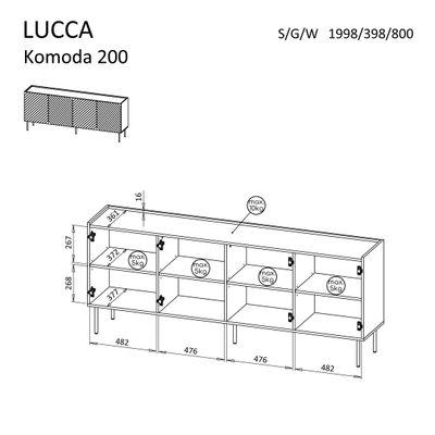 Komodë Lucca 4D, 200x40x80 cm, MDF, ngjyrë cashmere