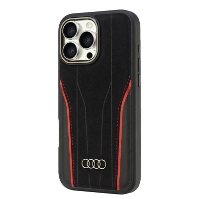 Mbulesë telefoni Audi me lëkurë origjinale, për iPhone 16 Pro Max 6.9", MagSafe, e zezë me të kuqe