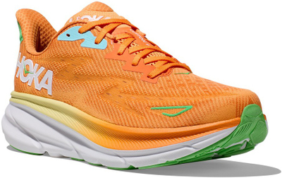 Патики за трчање HOKA Clifton 9 2E Wide, дишлива мрежа, висока амортизација, повеќебојна портокалова