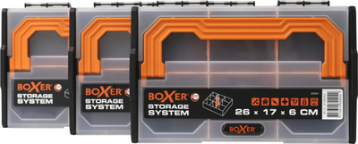 Kuti organizuese Boxer Storage System, 6 ndarje, 26 x 17 x 6 cm, e zezë-portokalli, kapak transparent