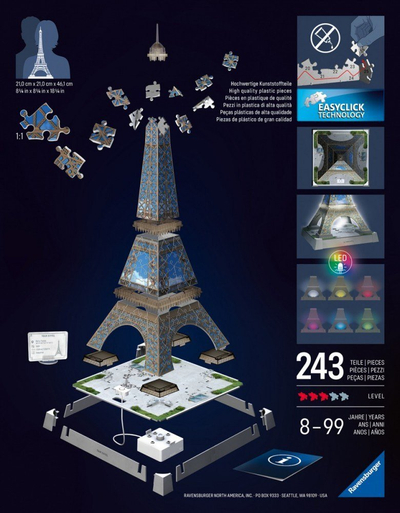 Puzzle 3D Ravensburger Light up Eiffel Tower, 235 pjesë, LED, shumëngjyrësh