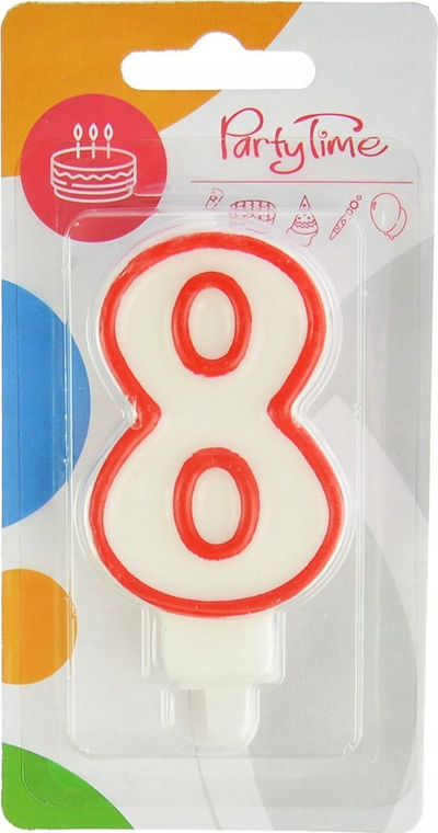 Qiri ditlindje Party Time numri 8, 7.5cm, i bardhë me vijë të kuqe rreth