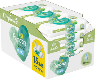 Peceta të lagura Pampers Harmonie Aqua, 15x48 copë, 0% plastikë, pa erë