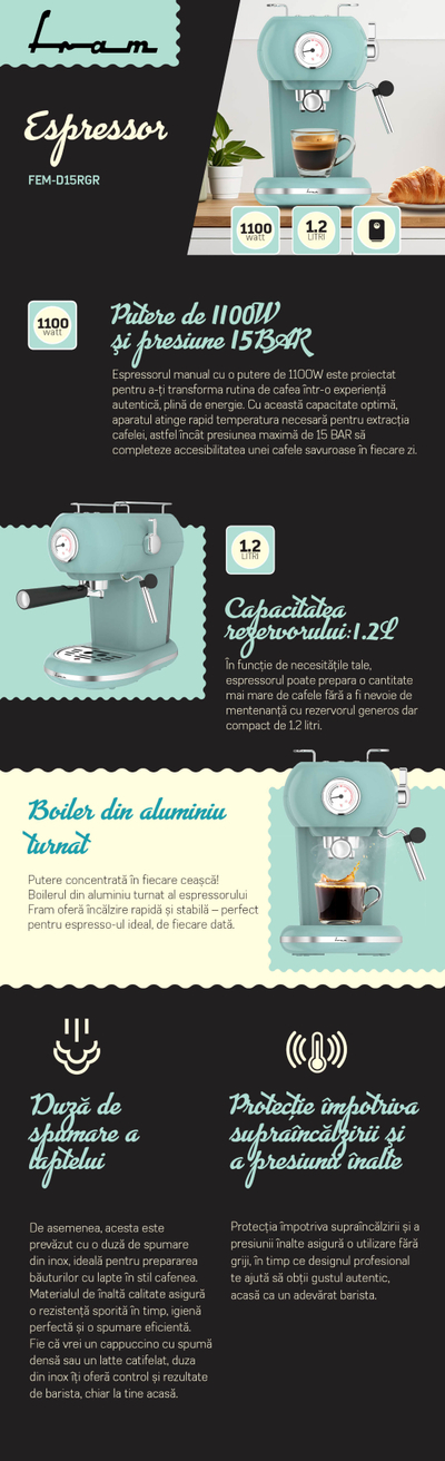 Makina espresso FRAM FEM-D15RGR, 15 bar, filtri i dyfishtë, e zezë