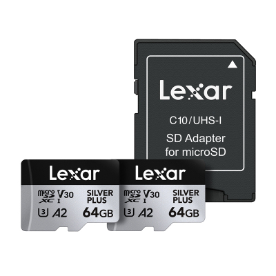 Kartë memorie Lexar MicroSDXC Silver Plus, 64GB, UHS-I V30 A2, paketim 2 copë