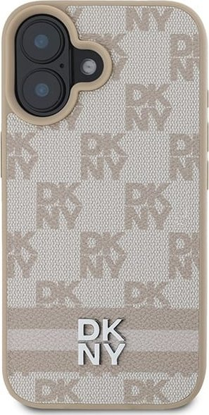 Навлака за телефон DKNY PU Leather, за iPhone 16, кариран модел со линии, розова