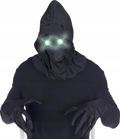 Maskë kostumi Faceless, sy LED jeshil, me kapuç, e zezë