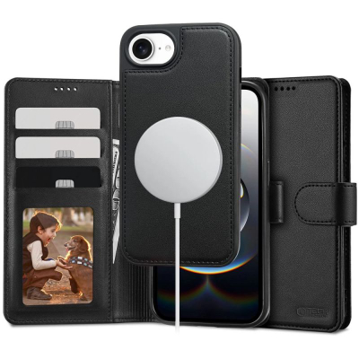 Футрола за телефон Tech-Protect Wallet MagSafe за iPhone 16E, со преклопен капак-паричник, еко кожа, црна
